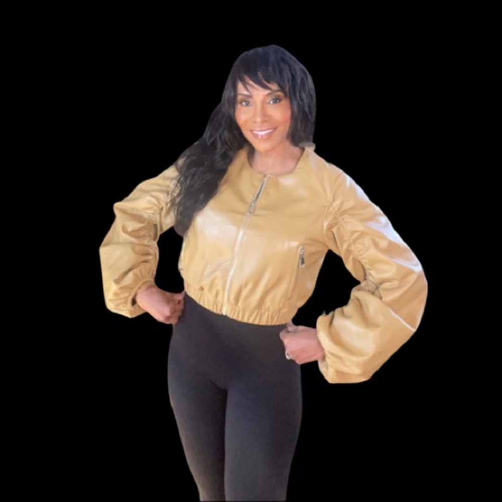 Azalea Wang Tan Gold Puffed Sleeve Cropped Faux Lether Jacket
